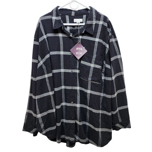 Ava & Viv Black White Plaid Button-Up Womens Shirt Plus Size 3X Long Sleeve - Picture 1 of 7